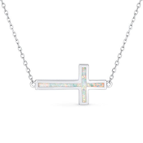 Bling Jewelry Minimalistische Einfache Erstellt Weiß Opal Inlay Horizontal Seitwärts Kreuz Halskette Bahnhof Anhänger Für Frauen Jugendliche .925 Sterlingsilber von Bling Jewelry