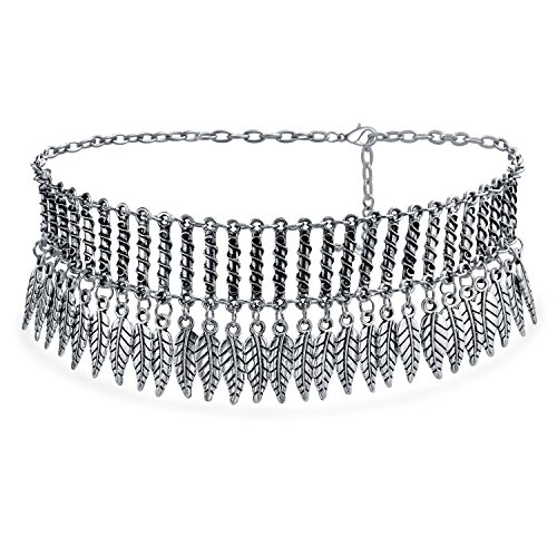 Native American Style Bohemian Boho Coachella Festival Dangling Feather Wide Choker Necklace Western Jewelry For Women Teen Oxidized Silver Plated (oxidiertes Silber) von Bling Jewelry