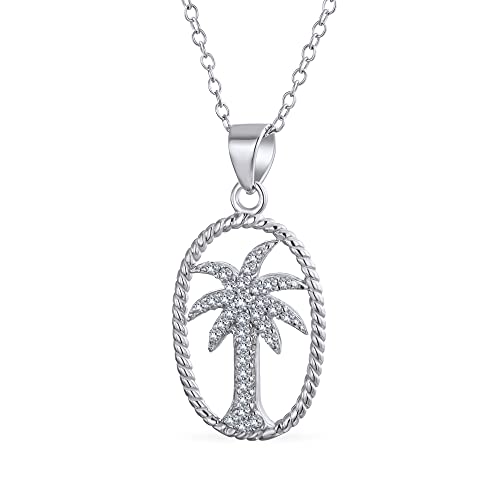 Bling Jewelry Oval Frame Nautische Pave Cubic Zirkonia CZ Hawaiian Tropical Strand Vacation Palm Tree Halskette Anhänger Für Frauen .925 Sterlingsilber von Bling Jewelry