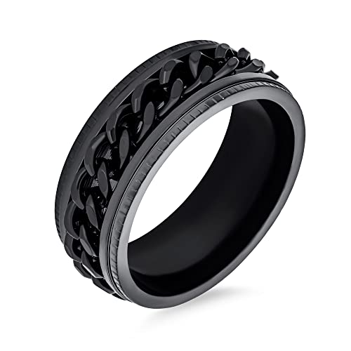 Bling Jewelry Personalisiere Graviere Schwarze Seilkettenkabel Herren Biker Schwarzer Angst Spinner Fidget Ring Für Männer Aus Edelstahl 8MM Breit Anpassbar von Bling Jewelry