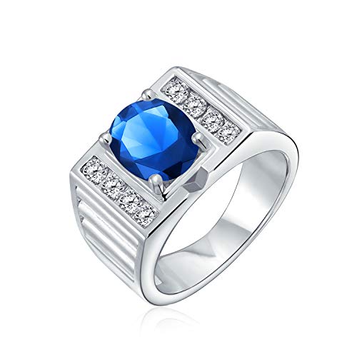 Bling Jewelry Herren Verlobungsring Mit Ovalem Blauen Saphir Solitär Mit Bürstenschliff Versilbertem Breitem Band 3CT AAA CZ Aussage Anpassbar von Bling Jewelry