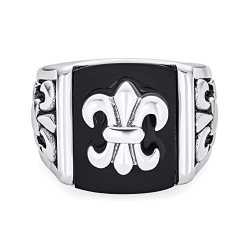 Bling Jewelry Personalisieren Sie Den Herren Signetring Mit Fleur De Lis Motiv Und Schwarzem Simulierten Onyx Silberton Aus Edelstahl von Bling Jewelry