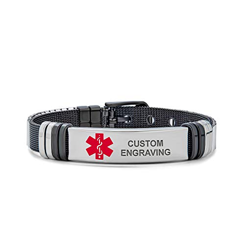 Bling Jewelry Personalisieren Sie Identifikation Name Tag Armband Handgelenk Band Gürtelschnalle Mesh-Armband Für Männer Frauen Silberton Edelstahl Einstellbar Brauch Gravur von Bling Jewelry