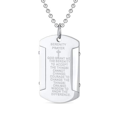 Bling Jewelry Personalisieren Sie Inspirierende Nachricht Religiöses Mantra Stapelbar Militärischen Stil Gelassenheit Gebet Dog Tag Anhänger Halskette Für Männer Teenager Silberton Edelstahl von Bling Jewelry