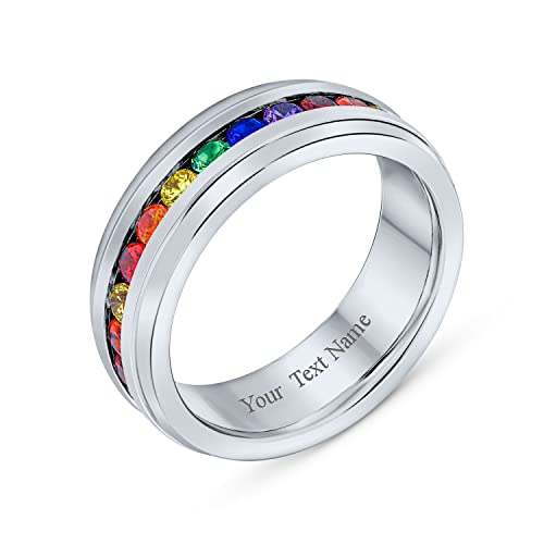Bling Jewelry Personalisieren Sie Unisex Bunte Paare CZ Regenbogen LGBTQ Ewigkeitsring Hochzeitsband Ring Männer Frauen Silberton Edelstahl 8MM Individuell Graviert von Bling Jewelry