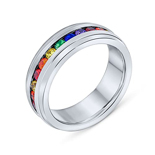 Bling Jewelry Personalisierbarer Unisex Bunter CZ Regenbogen LGBTQ Ewigkeitsring Ehering Für Paare Männer Und Frauen Silberton Edelstahl 8MM von Bling Jewelry