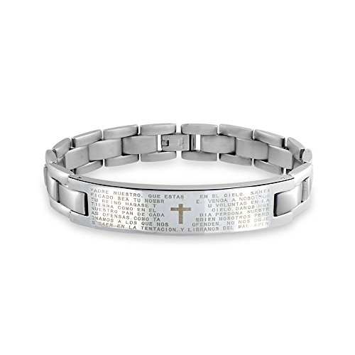 Bling Jewelry Personalisieren Sie Unser Vaterunser-Kreuz EL Padre Maestro Link Handgelenk-Id-Armband Für Männer Silberfarbenes Edelstahl von Bling Jewelry