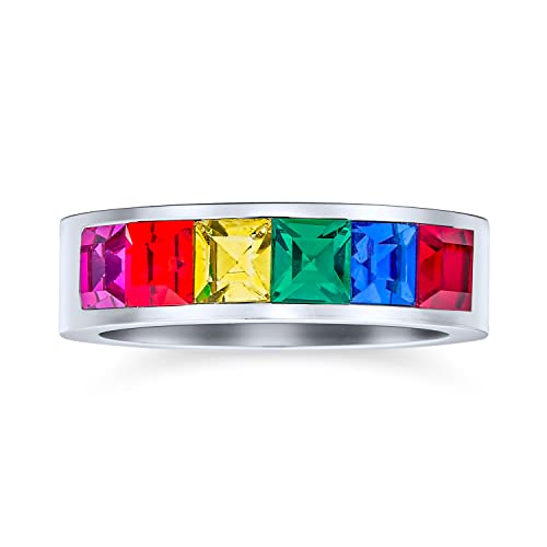 Bling Jewelry Personalisiert Gravierte Unisex Farbenfroher Pride Monatspaar CZ Regenbogenring LGBTQ Hochzeitsbandring Männer Frauen Silberton Edelstahl 8MM von Bling Jewelry