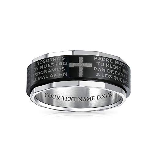 Bling Jewelry Personalisiert Unisex Religiös Padre Nuestro Lords Pray Cross Fidget Spinner Ring Band Für Männer Frauen Teenager Schwarz Silber Ton Edelstahl Custom Gravur von Bling Jewelry