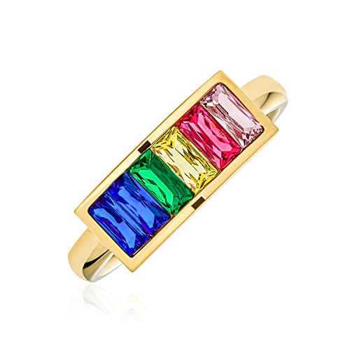 Bling Jewelry Personalisieren Sie Gravieren Unisex Bunte Paar Prinzessin Cut Square Czs Rainbow Ring LGBTQ Band Ring Männer Frauen Goldton Edelstahl 6MM Anpassbar von Bling Jewelry