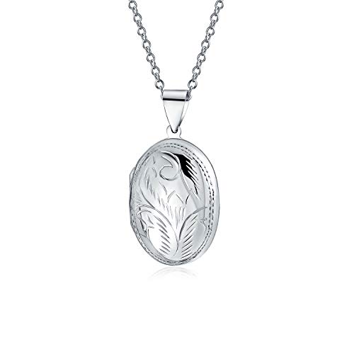 Bling Jewelry Vintage Stil .925 Silber Ovaler Fotomedaillon Halskette Anhänger Für Frauen Personalisierbar Mit Graviertem Blumenblatt Design Kleine Medaillons, Die Bilder Halten von Bling Jewelry
