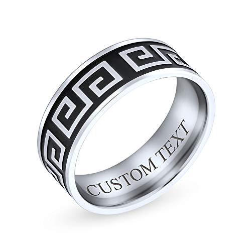 Bling Jewelry Personalisierte Herren Geometrische Griechische Schlüssel Schwarz Flache Hochzeit Band Ring Für Männer Für Frauen Edelstahl 8Mm Kundenspezifische Gravur von Bling Jewelry