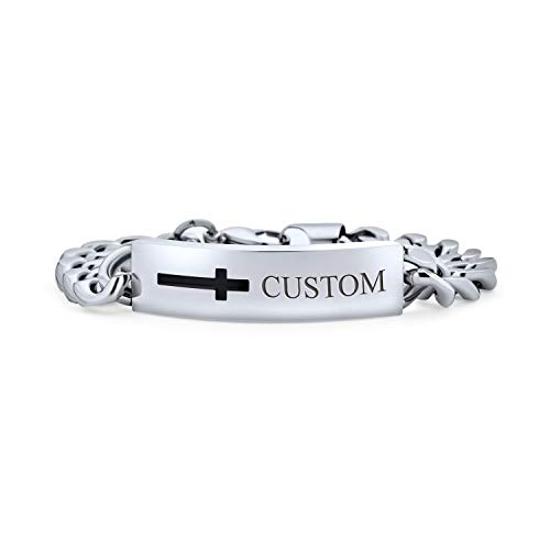 Bling Jewelry Anpassbares silberfarbenes Edelstahl-Identifikations-ID-Armband für Männer personalisiertes Namensschild Curb 8,5 Zoll individuell graviert von Bling Jewelry