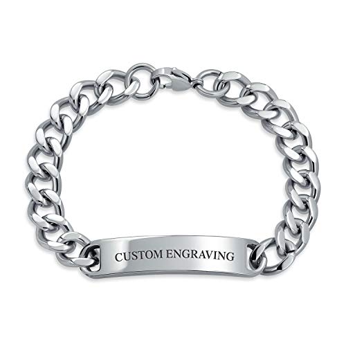 Bling Jewelry Personalisierte Identifikations-Namensplatte Curb Cuban Link ID Armband für Herren Silberfarbener Edelstahl 19 cm individuell graviert von Bling Jewelry