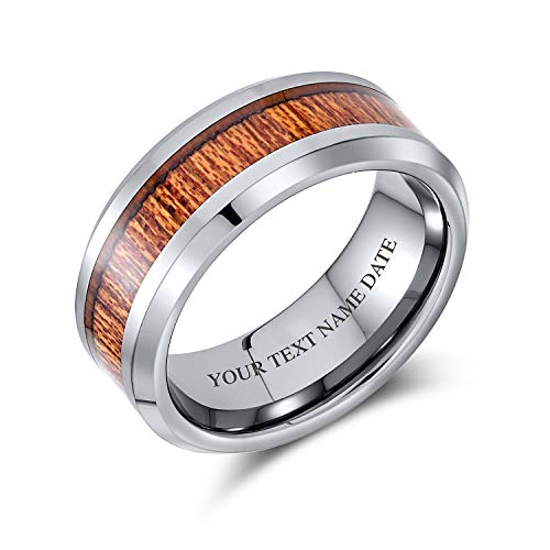 Bling Jewelry Personalisierte Titan-Eheringe mit Koa-Holz-Intarsie für Männer und Frauen, Silberton, Komfort-Passform, 8MM, individuell graviert von Bling Jewelry