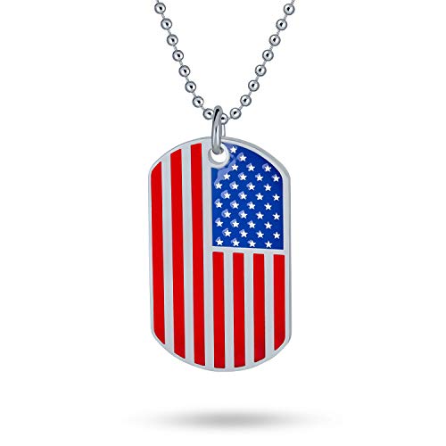 Große Gravierbare Rot Weiß Blau Gestreift Urlaub Amerikanischen Usa Patriotische Flagge Stern Hundemarke Anhänger Halskette Für Männer Für Frauen Edelstahl Individuell Graviert von Bling Jewelry