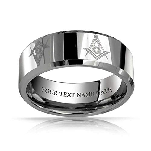 Bling Jewelry Personalisierter Freimaurer Masonic Titan Ehering mit Winkelmaß & Zirkel Silberton Komfort-Passform 8MM Individuell Graviert von Bling Jewelry