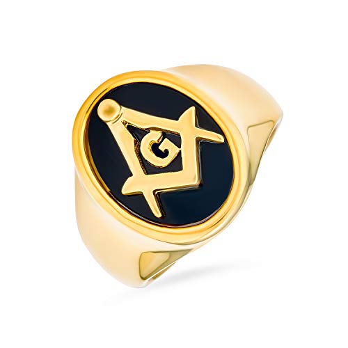Bling Jewelry Personalisierter Geheimbund Quadratischer Kompass Siegel Freimaurer Masonic Ring 14K Vergoldeter Edelstahl Individuell Graviert von Bling Jewelry