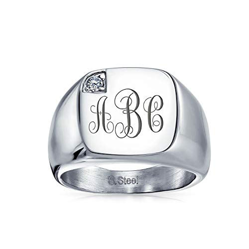 Bling Jewelry Personalisierter Herrenring Mit Zirkonia Akzent Monogramm Initialen Statement Siegelring Für Männer Silberfarbener Edelstahl Individuell Graviert von Bling Jewelry