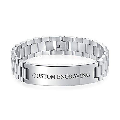 Bling Jewelry Personalisiertes Identifikationsnamensschild-Armbanduhrband Für Männer, Silberfarbenes Edelstahl, 8,5 Zoll, Individuell Graviert von Bling Jewelry