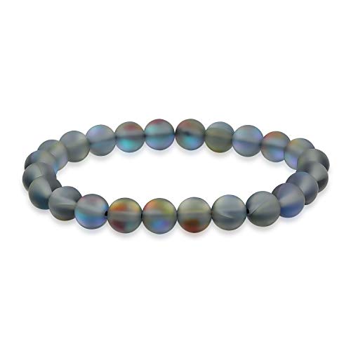 Bling Jewelry Regenbogen Irisierender Erstellter Blauer Mondstein Runder Perlen 8MM Stapelbarer Strang Stretch Armband Für Frauen Männer Teenager Unisex von Bling Jewelry