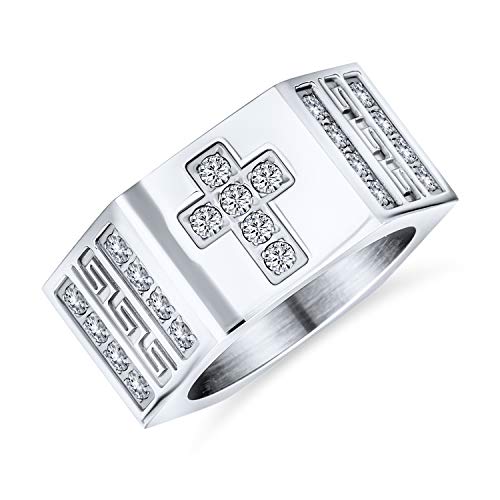 Bling Jewelry Religiöser Breiter 6 Seitiger Christlicher Griechischer Schlüssel Kubikzirkonia CZ Akzent Kreuz Statement Ring Band Für Männer In Silberfarbenem Edelstahl von Bling Jewelry