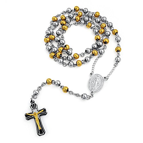 Bling Jewelry Religiöse Christliche Zweifarbige Heilige Mutter Jungfrau Maria Rosenkranz Gebetskette Rund Kugel Perlen Gliederkette Für Männer Jesus Kruzifix Vergoldet Silberfarbener Edelstahl von Bling Jewelry