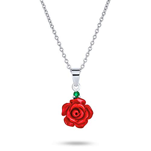 Bling Jewelry Romantische Zarte Florale Blühende 3D Rote Rose Blume Grün Cz Akzent Anhänger Halskette Für Frauen Für Jugendliche .925 Sterling Silber von Bling Jewelry
