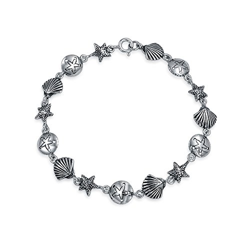 Bling Jewelry Tropischer Strand Urlaub Nautisch Multi Charme Sand Dollar Meeresmuschel Seestern Gliederarmband Für Frauen Teen Oxidiert .925 Sterlingsilber 7.5 Inch von Bling Jewelry