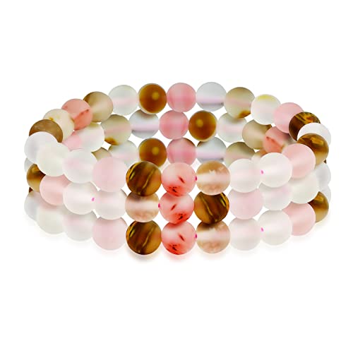 Bling Jewelry Satz Von 3 Semi Kostbaren Edelstein Matt Rosa Rosenquarz Runde Bead Ball 8Mm Stacking Stretch Armband Für Frauen Männer Teen Unisex von Bling Jewelry