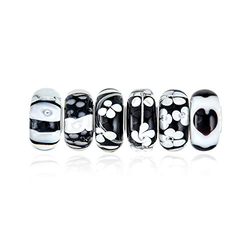 Bling Jewelry Gemischter Satz Von Bündel .925 Sterling Silber Kern Transluzente Schattierungen Von Weiß Schwarz Floral Murano Glas Swirl Charme Bead Spacer Passt Europäische Armband Für Frauen Teen von Bling Jewelry