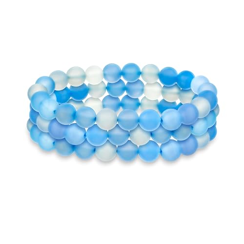 Bling Jewelry Satz Von 3 Mattem Hellblauem Achat Durchscheinendem Edelstein Runder Perlenball 8Mm Stapelndes Ausdehnungsarmband Für Frauen Männer Teen Unisex von Bling Jewelry