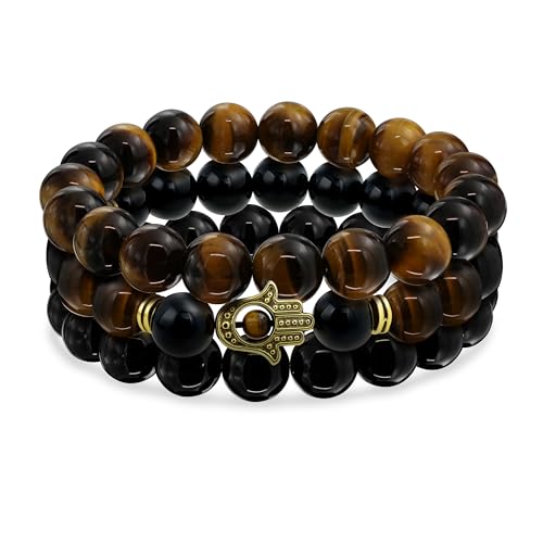 Bling Jewelry Satz von 3 stapelbaren braunen Tigerauge-Schwarz-Onyx-Rundperlen-Hamsa-Hand-Stretch-Perlenarmbändern für Frauen, Männer, Teenager - vergoldetes Metall von Bling Jewelry