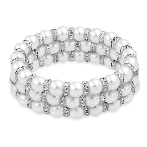 Bling Jewelry Set Aus 3 Weißen Simulierten Perlen Stapelbare Strang Stretch Armbänder Für Frauen Weiße Kristall Rondelle Zwischenperlen Versilbertes Messing von Bling Jewelry