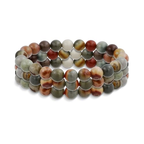 Bling Jewelry Satz von DREI stapelbaren Armbändern mit Halbedelstein-Strängen aus Multi-ERD-Jaspis-Rundperlen 8MM Stretch für Frauen, Männer, Teenager, Unisex Bling Jewelry Satz von DREI stapelbaren Armbändern mit Halbedelstein-Strängen aus Multi-ERD-Jaspis-Rundperlen 8MM Stretch für Frauen, Männer, Teenager, Unisex von Bling Jewelry