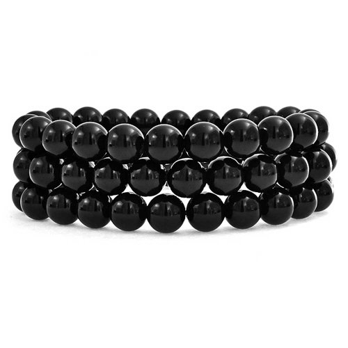 Bling Jewelry Set Von 3 Edelstein Schwarz Onyx Runde Perle 8Mm Stretch Armband Für Frauen Teen Für Männer Multi Strang Stapelbar Einstellbar von Bling Jewelry