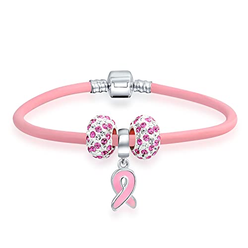 Support Breast Cancer Survivor Kristall Rosa Ribbon Multi European Bead Charms Genuine Rosa Leather Bracelet For Frauen .925 Sterlingsilber Barrel Clasp 7.5 Inch von Bling Jewelry