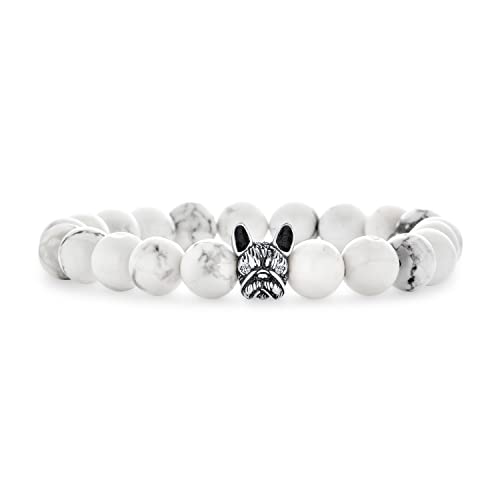 Bling Jewelry Haustier Tier Charme Französische Bulldogge Boxer Edelstein Weißer Howlith Perlen Stretch Französische Bulldogge Armband Für Frauen Teenager Oxidiert Silber Beschichtet Verstellbar von Bling Jewelry