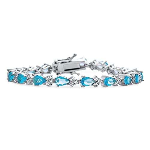 Bling Jewelry Traditionelle Bräutigam Schmuck Abwechselnd Cubic Zirkonia Birnenform Aaa CZ 15 CT Simulierten Blauen Aquamarin Tennis Armband Träne Für Frauen Hochzeit Silber Vergoldet 7 Zoll von Bling Jewelry