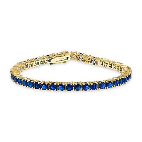 Bling Jewelry Traditionelles 12CTW Prong Basket Set Solitaire Runde Cubic Zirkonia Simuliert Aaa Cz Blauer Saphir Tennisarmband Für Frauen Prom Brautjungfer 14K Vergoldet 7,5 Zoll von Bling Jewelry