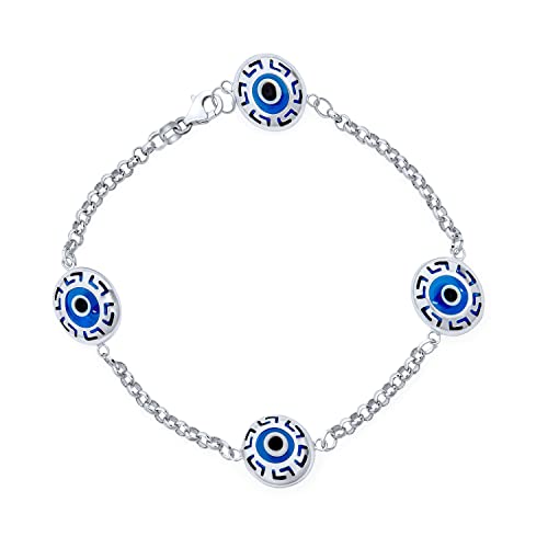 Bling Jewelry Türkisches Spirituelles Schutzamulett Mit Kettenverbindung Griechischem Motiv Und Blauem Bösen Blick-Charm-Armband Für Frauen Und Jugendliche Aus 925Er Sterlingsilber 7,5 Zoll von Bling Jewelry