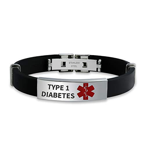 Bling Jewelry Typ 1 Diabetes Wasserdichtes Schwarzes Trim-To-Fit Verstellbares Silikonkautschuk-Armband Medizinisches Alarm Id-Armband Für Männer Stahl 8.5In Individuell Graviert von Bling Jewelry