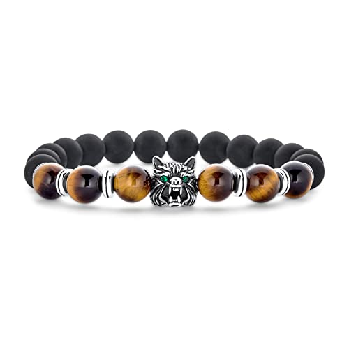 Bling Jewelry Unisex Dschungel Tier Gunmetal Black Onyx Und Braun Tiger Auge Runde Perlenstrang Stretch Fuchs Wolf Armband Für Männer Frauen Silber Plattiert Stapelbar Verstellbar von Bling Jewelry