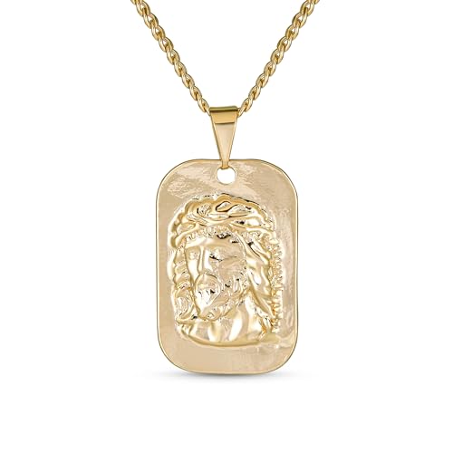 Bling Jewelry Unisex Personalisierte Religiöse Metall Hundehalsband Medaillon Gesicht Von Jesus Christus Kopf Halskette Anhänger Gelbgold Plattiert Für Männer Jugendliche Anpassbar von Bling Jewelry