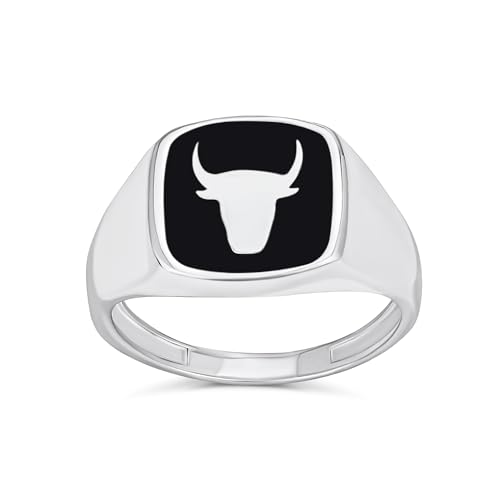 Bling Jewelry Unisex Signet Ring Mit Schwarzen Onyx Quadrat Edelsteinen Im Western Stil Mit Texas Longhorn Büffel Kuh Antilopen Und Stierschädel Motiv Aus .925Er Sterlingsilber Und Individualisierbar von Bling Jewelry