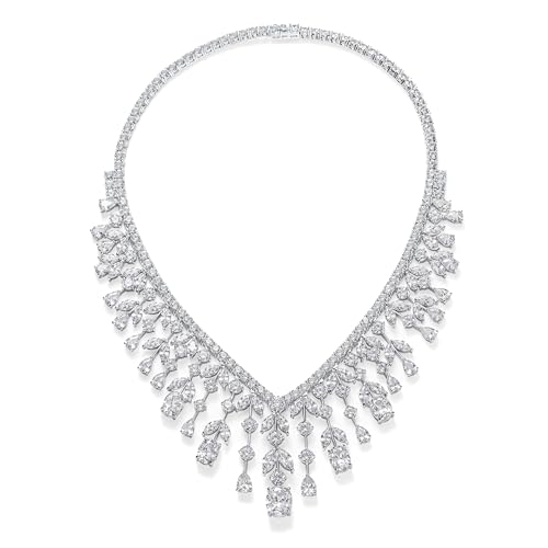 Bling Jewelry Vintage Estate Art Deco Style Design Brautschmuck Mehrere Tropfen AAA CZ Statement Spray Bib Kragen Halskette Für Frauen Versilbert von Bling Jewelry