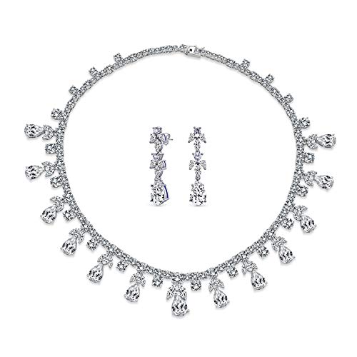 Bling Jewelry Vintage Estate Art Deco Style Design Brautschmuck Set Mode Braut Mehrfach Tropfen AAA CZ Statement Spray Collier Halskette & Kronleuchter Hängeohrringe Für Frauen Versilbert von Bling Jewelry