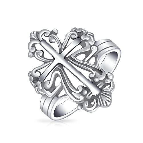 Bling Jewelry Vintage-Stil Christlicher Religiöser Fleur-De-Lis-Kreuzring Für Frauen Für Männer Oxidiertes .925 Sterlingsilber von Bling Jewelry