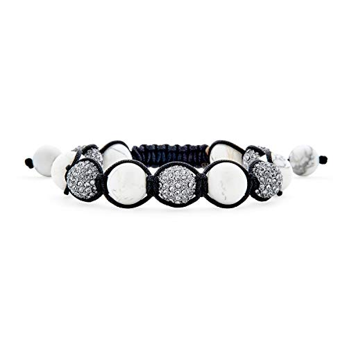 Bling Jewelry Weißer Grauer Howlith Stein Pave Crystal Ball Shamballa Inspiriertes Armband Für Frauen Für Männer Schwarzes Schnurband Verstellbar von Bling Jewelry