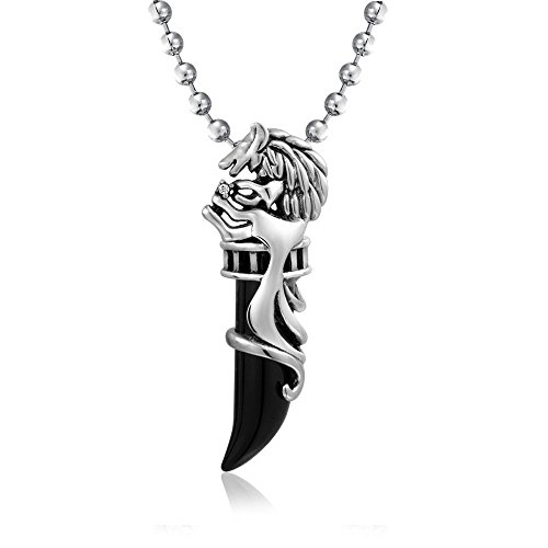 Simulierter Schwarzer Onyx Wolf Schwarzer Fang Spike Tooth Viking Anhänger Halskette Für Männer Silberfarbener Edelstahl 20 Zoll Kugelkette von Bling Jewelry